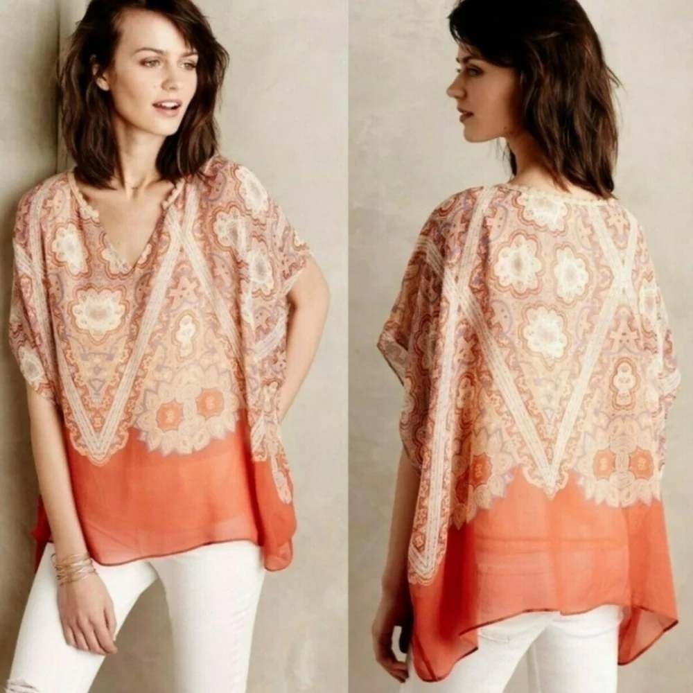 Maeve Anthropologie Nalina 100% Silk Blouse Large Orange Paisley Boho Kimono Top